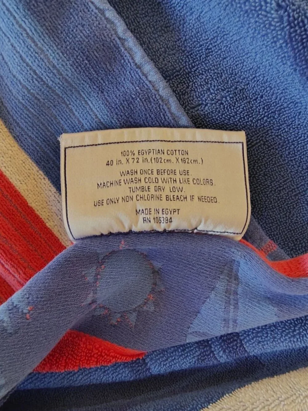 Vintage Egyptian Cotton Beach Bath Towel, Red Blue Palm Tree Sailboat Egypt Sun